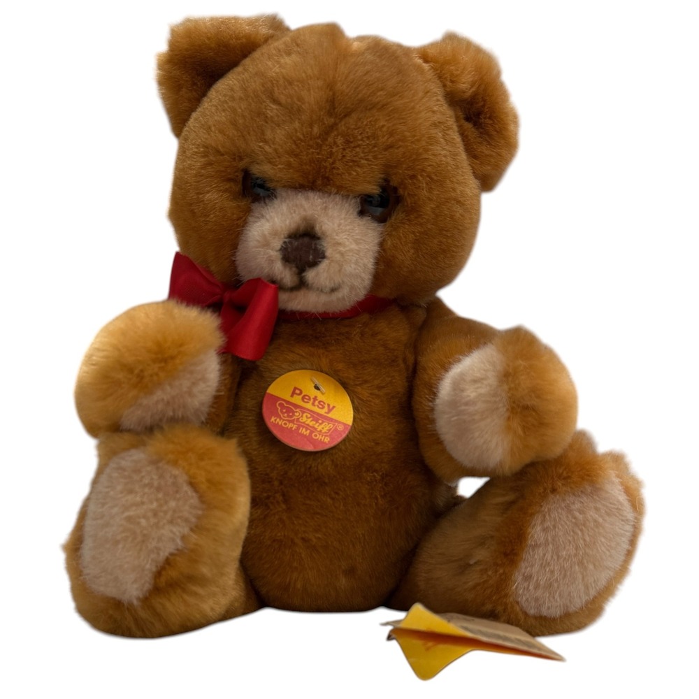 New Steiff Petsy‎ Teddy Bear Caramel Excellent Red Bow Button In Ear Vintage 11"